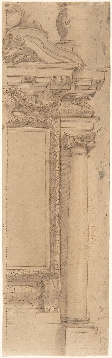 Right Half of Wall Monument Design with Urn Above, Anonymous, Italian, 17th century, Pen and brown ink, brush and brown wash 