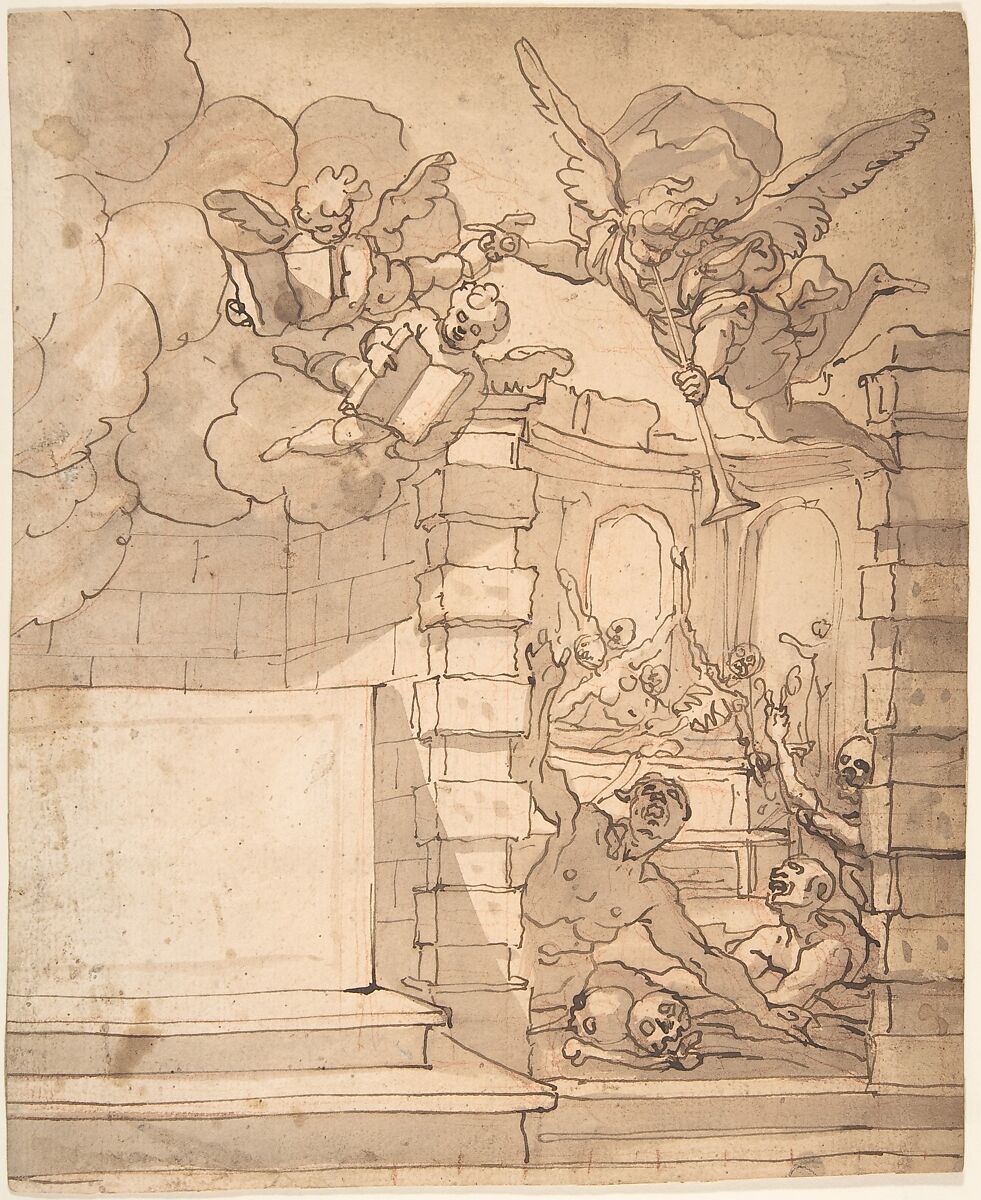 Design for a Title Page - Angel of the Resurrection, Anonymous, Italian, 17th century (Geonese), Pen and brown ink, brush and brown wash, over red chalk 