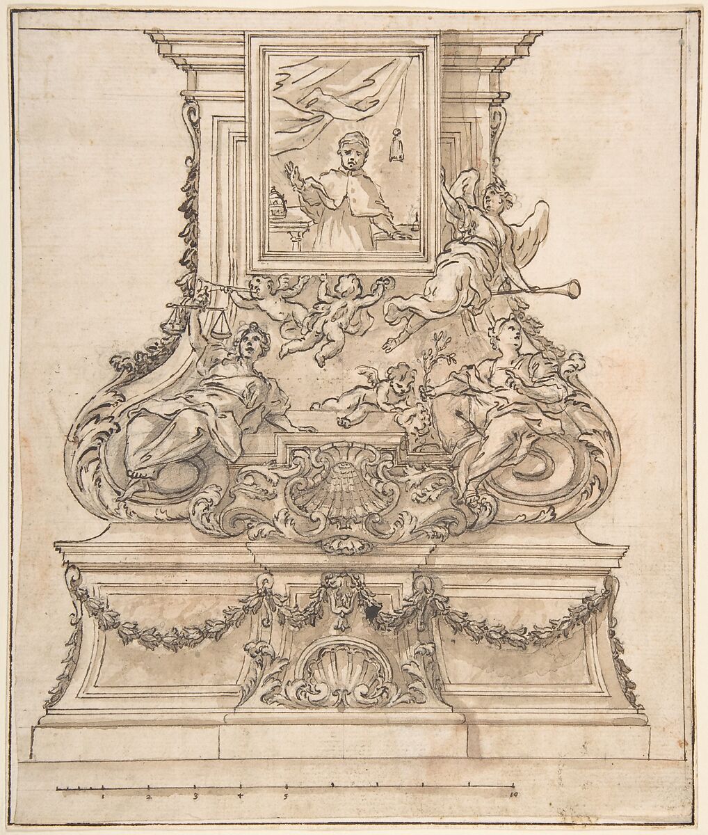 Design for the Base of a Candelabrum, Anonymous, Italian, 17th century, Pen and brown ink, brush and brown wash, over graphite underdrawing and ruled construction 