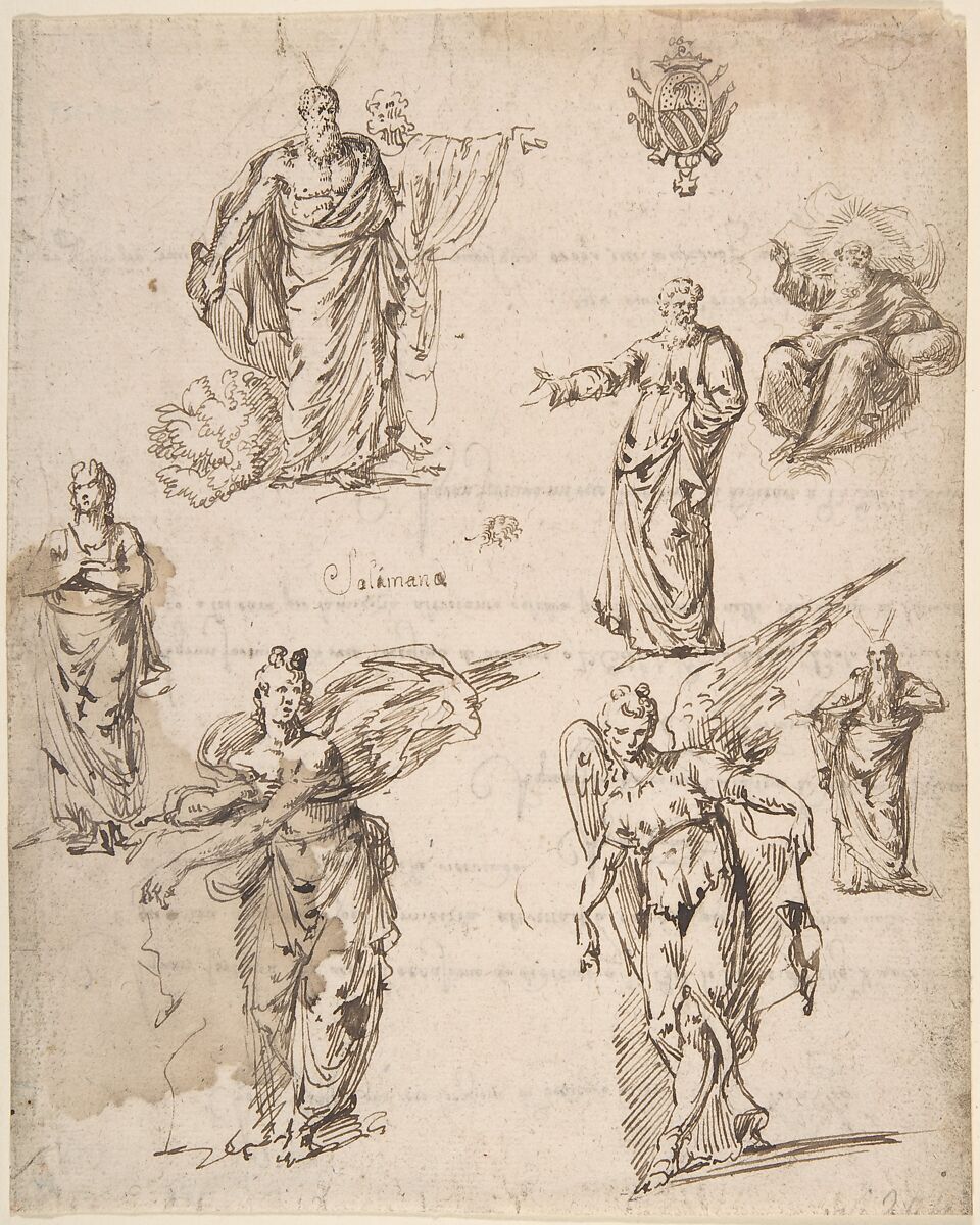 Sheet of Studies with Angels and Religious Figures (recto); Draft of a Letter (verso), Anonymous, Italian, 17th century (Neapolitan), Pen and brown ink, over traces of graphite underdrawing (recto); pen and brown ink (verso) 