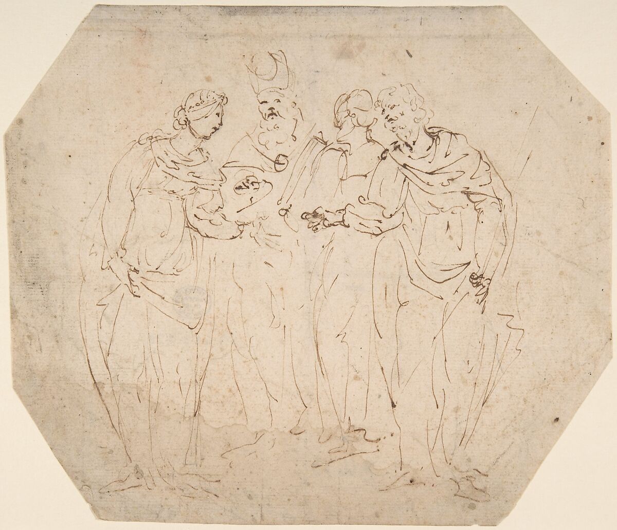 Meeting of Four Figures, Anonymous, Italian, 17th century, Pen and brown ink 