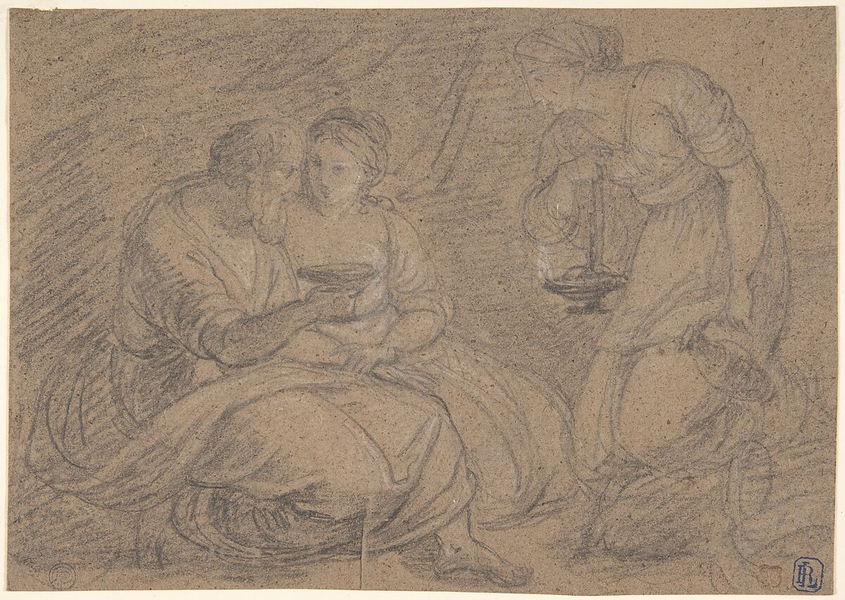 Lot and his Daughters, Anonymous, Italian, 17th century, Black chalk, traces of white chalk highlighting, on brown paper 