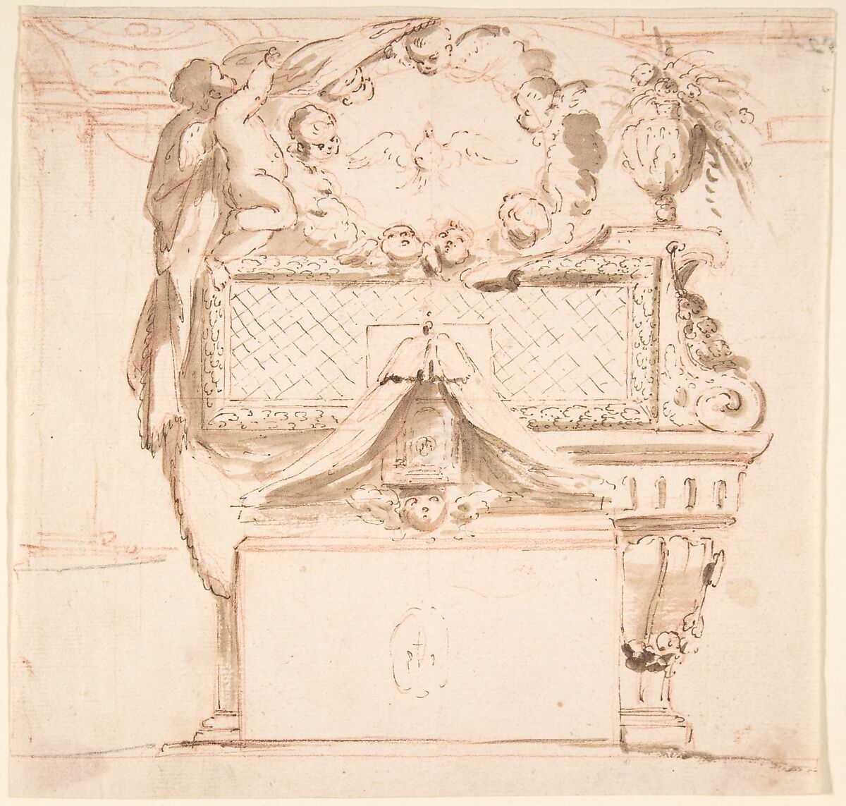 Wall Tomb with Putti, Anonymous, Italian, 17th century, Point of brush and brown wash, over red chalk 