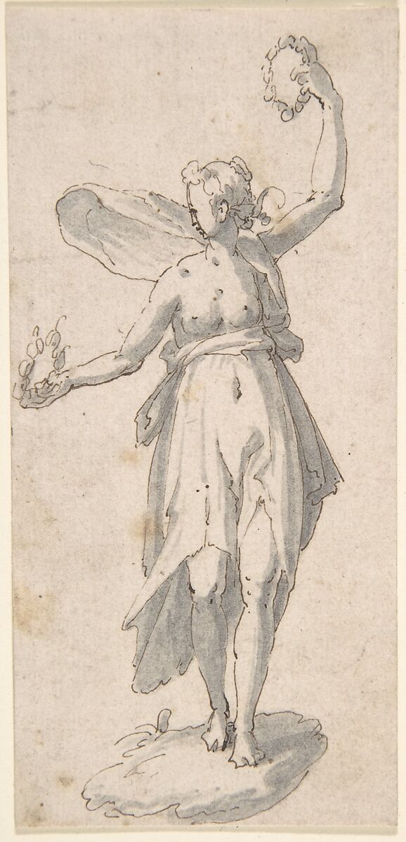 Female Figure Holding Wreaths, Anonymous, Italian, 17th century, Pen and brown ink, brush and brown wash 