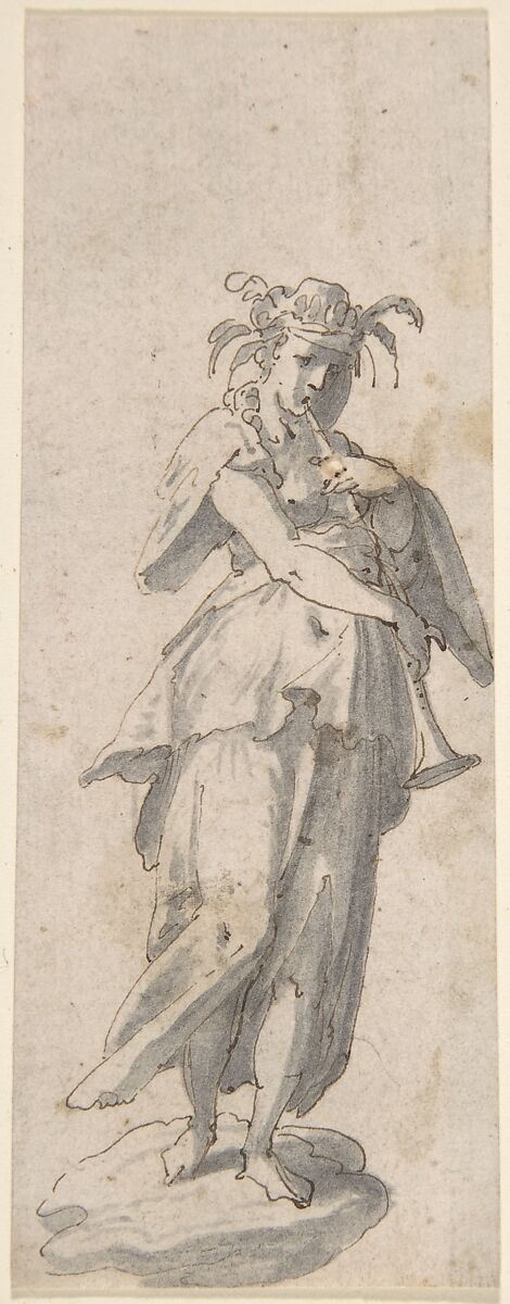 Female Figure with Horn, Anonymous, Italian, 17th century, Pen and brown ink, brush and gray wash 