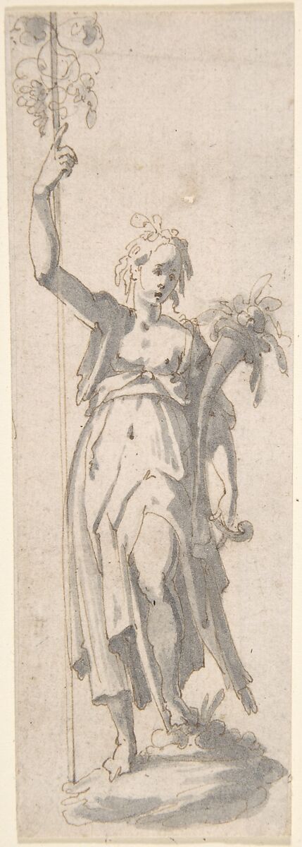 Female Figure with Staff and Cornucopia, Anonymous, Italian, 17th century, Pen and brown ink, brush and gray wash 