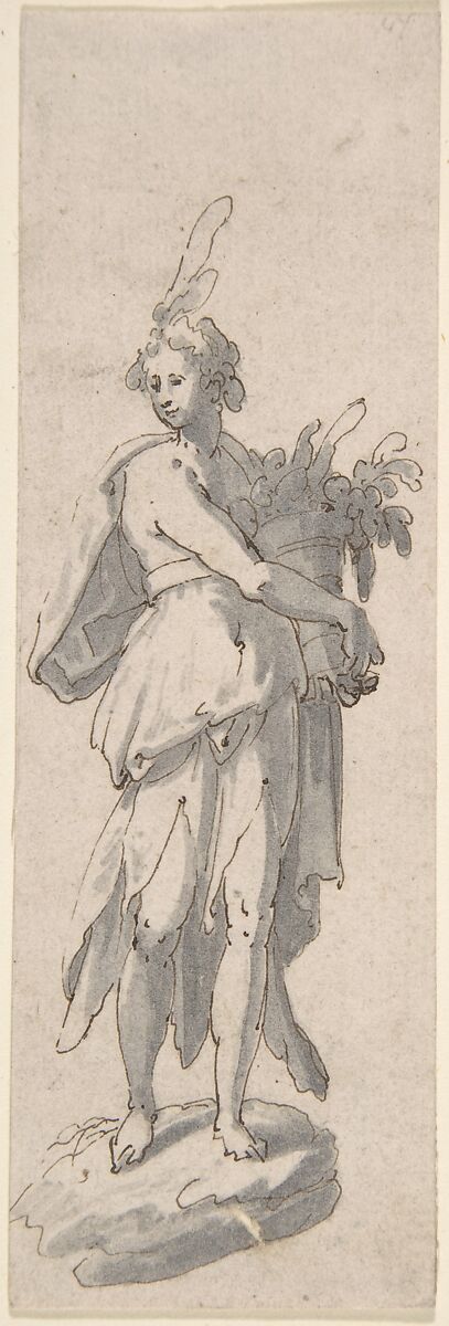 Female Holding a Plant, Anonymous, Italian, 17th century, Pen and brown ink, brush and gray wash 