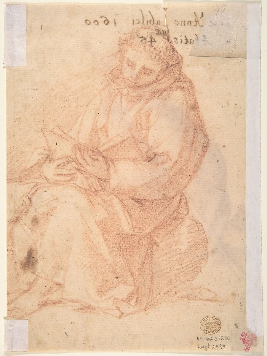 Monk with Crucifix (recto); Monk with Book (verso), Anonymous, Italian, 17th century, Red chalk, with white chalk highlighting (recto); red chalk (verso)