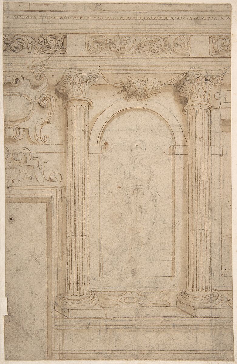 Architectural Design with Two Columns and Figure, Anonymous, Italian, 17th century, Pen and brown ink, graphite? 