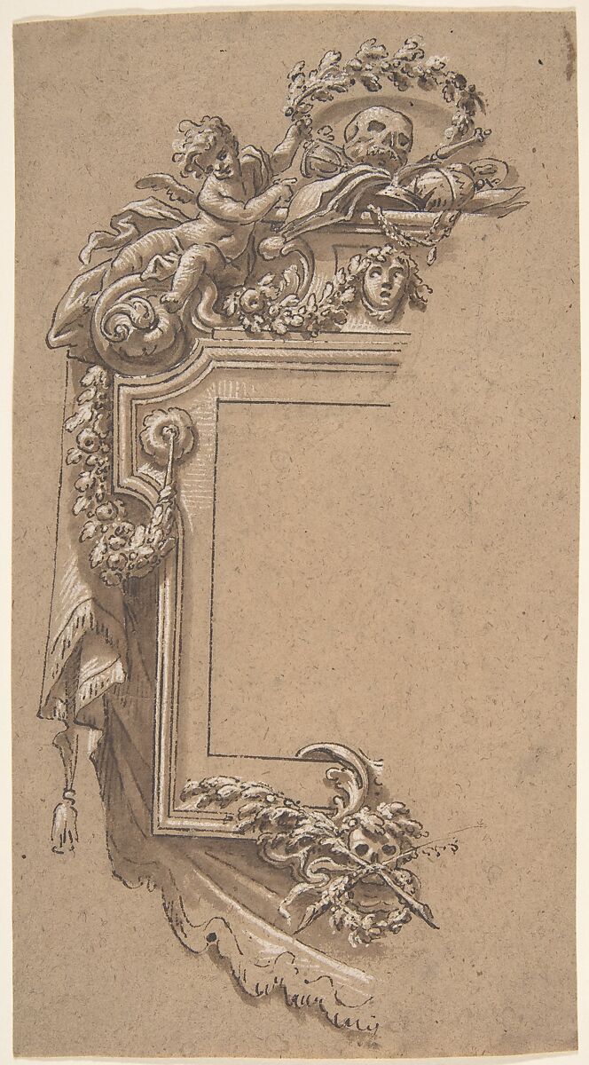 Ornamental Design with Putto and Skulls, Anonymous, Italian, 17th century, Pen and brown ink, brush and brown wash, highlighted with white gouache 
