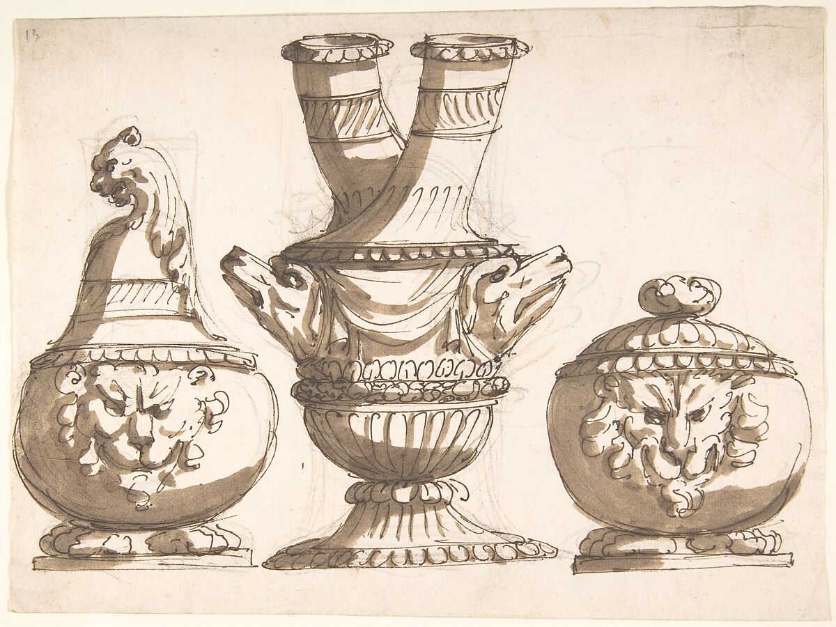 Three Ornamental Vessel Designs, Giacomo Rossi (Italian, Bologna 1751 - 1817 Bologna), Pen and brown ink, brush and brown wash, over graphite underdrawing 