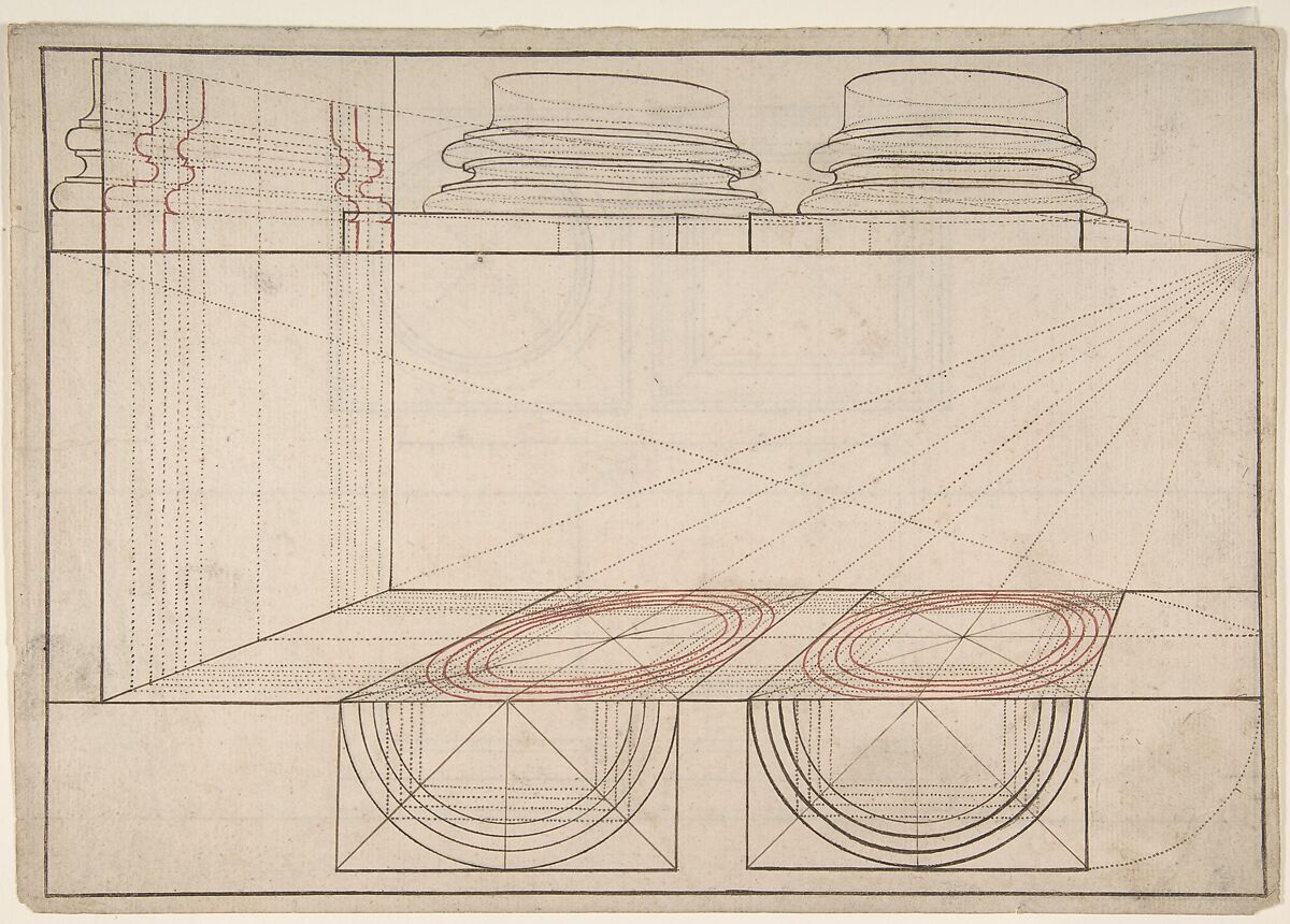 Architectural Perspective Study Showing Two Column Bases (Recto); Architectural Perspective Study Showing Column Capital and a Measurement Key (Verso), Anonymous, Italian, 17th century, Pen and brown and red ink, over graphite ruled construction(recto and verso) 