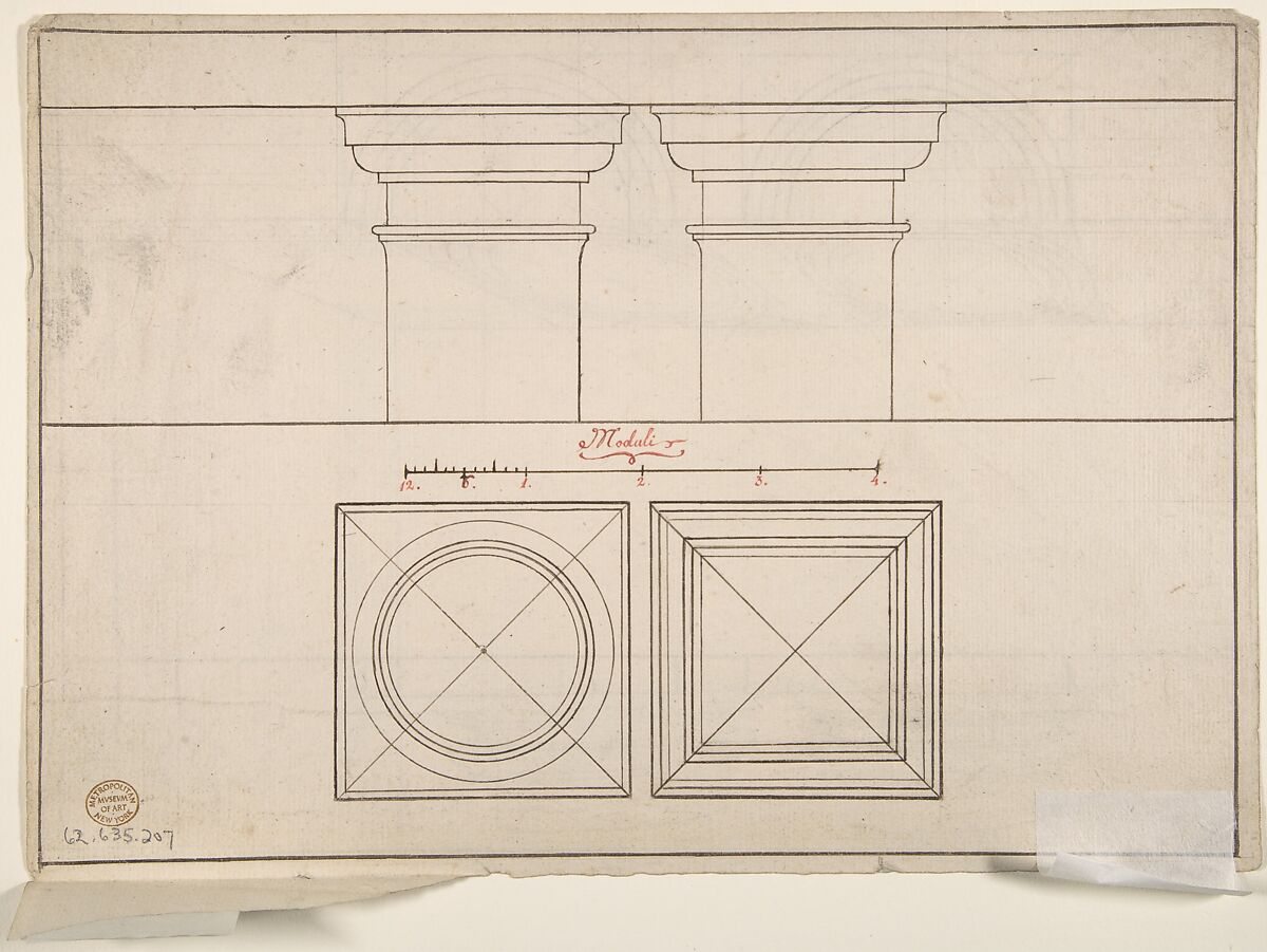 Architectural Perspective Study Showing Two Column Bases (recto); Architectural Perspective Study Showing Column Capital and a Measurement Key (verso), Anonymous, Italian, 17th century, Pen and brown and red ink, over graphite ruled construction