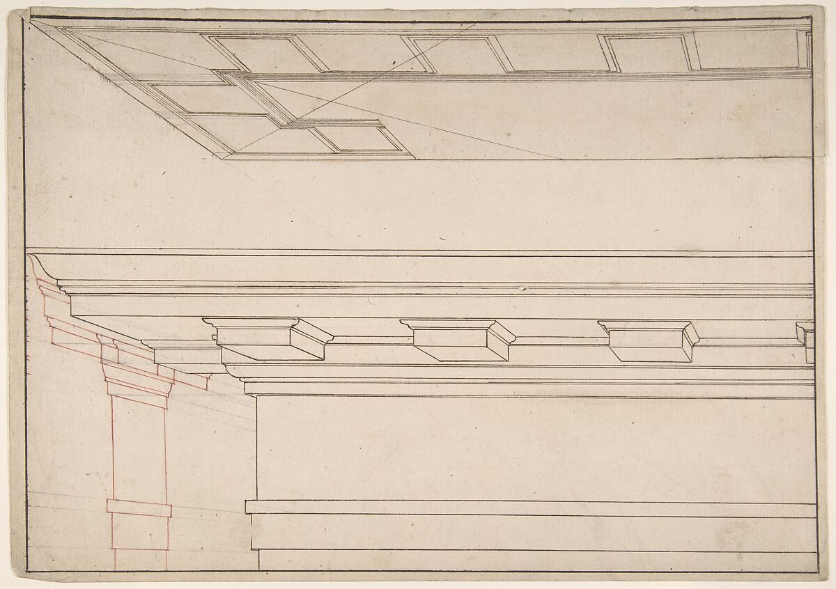 Architectural Study, Anonymous, Italian, 17th century, Pen and dark brown ink, pen and red ink, over ruled construction in graphite 