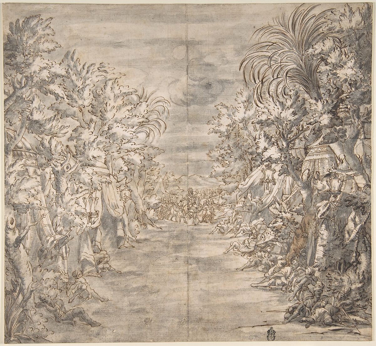 Ornamental Theater Scene with Trees, Anonymous, Italian, 17th or 18th century, Pen and brown ink, brush and gray wash, brush and brown wash, possibly incidental 