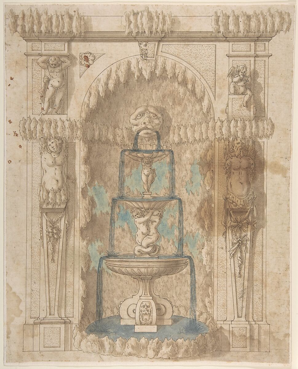 Design for a Grotto with a Fountain, Anonymous, Italian, 17th century, Pen and brown ink, brush and brown wash, brush and pale blue water color, brush and dark blue water color 