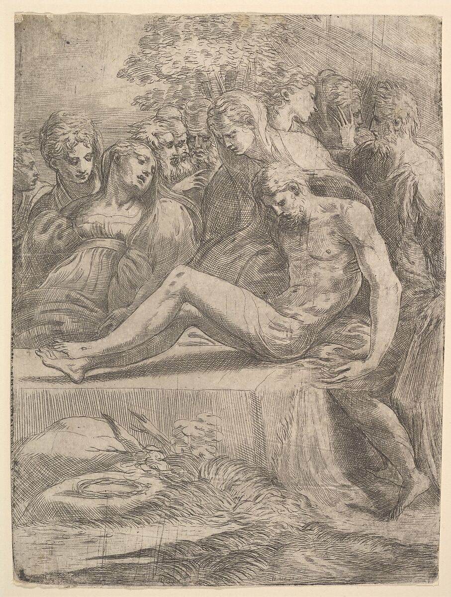 The lamentation over the dead Christ, Andrea Schiavone (Andrea Meldola) (Italian, Zadar (Zara) ca. 1510?–1563 Venice), Etching 