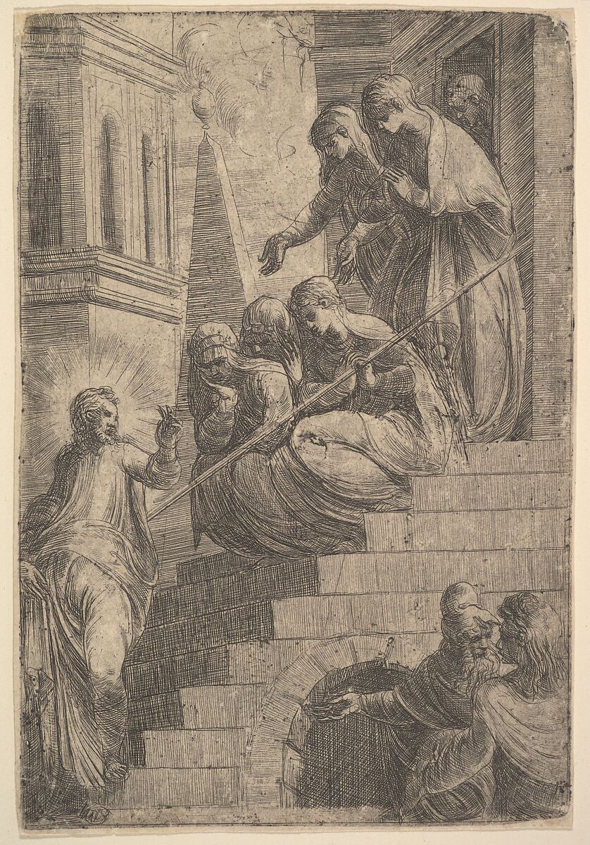 Christ addressing a group of women seated and standing on steps, Andrea Schiavone (Andrea Meldola) (Italian, Zadar (Zara) ca. 1510?–1563 Venice), Etching 