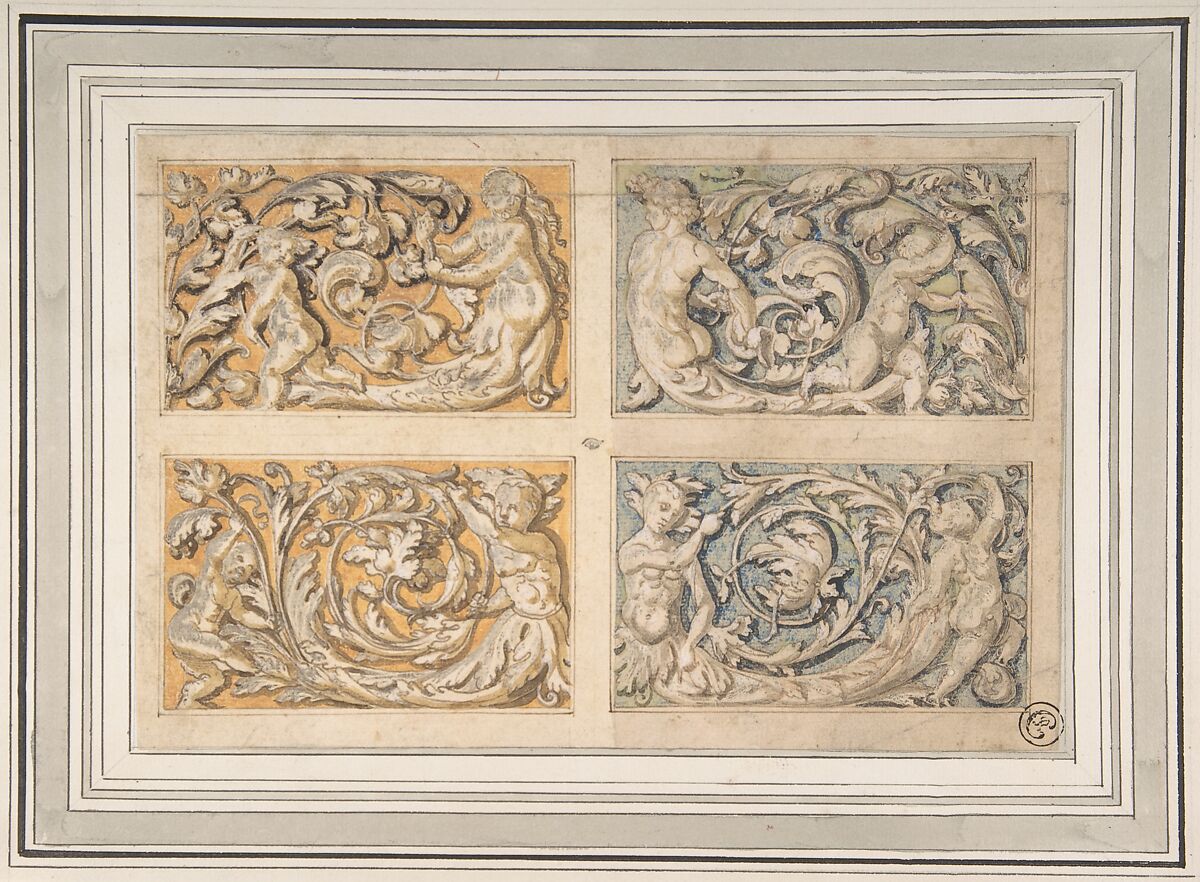 Four Panels with Rinceau Motif, Anonymous, Italian, 17th century, Pen and brown ink, blue and gold watercolor, white lead highlighting (now oxidized) 