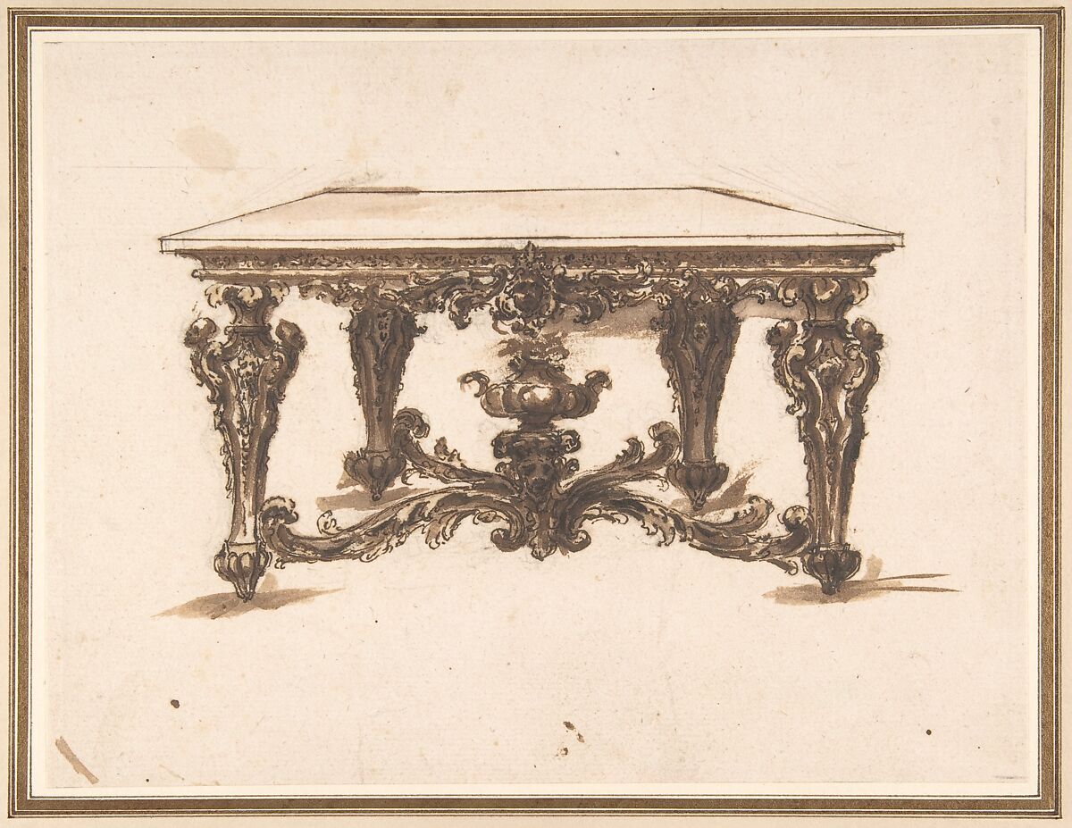 Design for a Table with Ornate Legs, Anonymous, Italian, 17th century, Pen and brown ink, brush and brown wash, over graphite underdrawing 