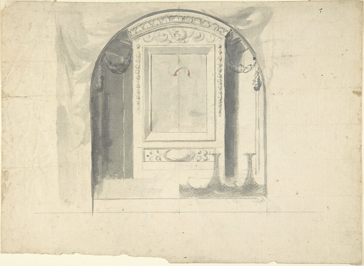 Design for a Chapel or Niche (Recto); Design for Decoration with Putto Head and Rinceau (Verso), Anonymous, Italian, 17th century, Point of brush and gray ink, over graphite underdrawing and ruled construction (recto);  Black chalk, pen and brown ink (putto head and wings) 