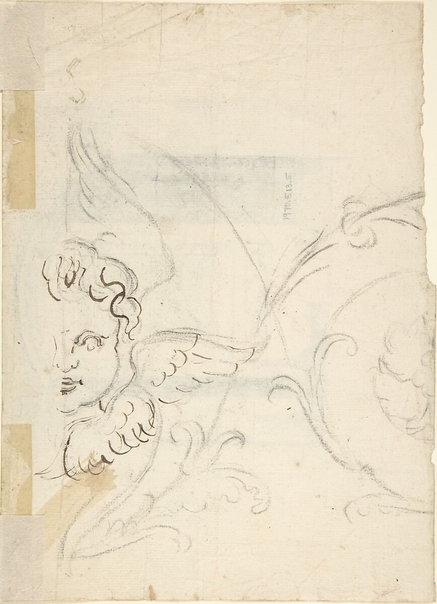 Design for a Chapel or Niche (Recto); Design for Decoration with Putto Head and Rinceau (Verso), Anonymous, Italian, 17th century, Point of brush and gray ink, over graphite underdrawing and ruled construction (recto);  Black chalk, pen and brown ink (putto head and wings)