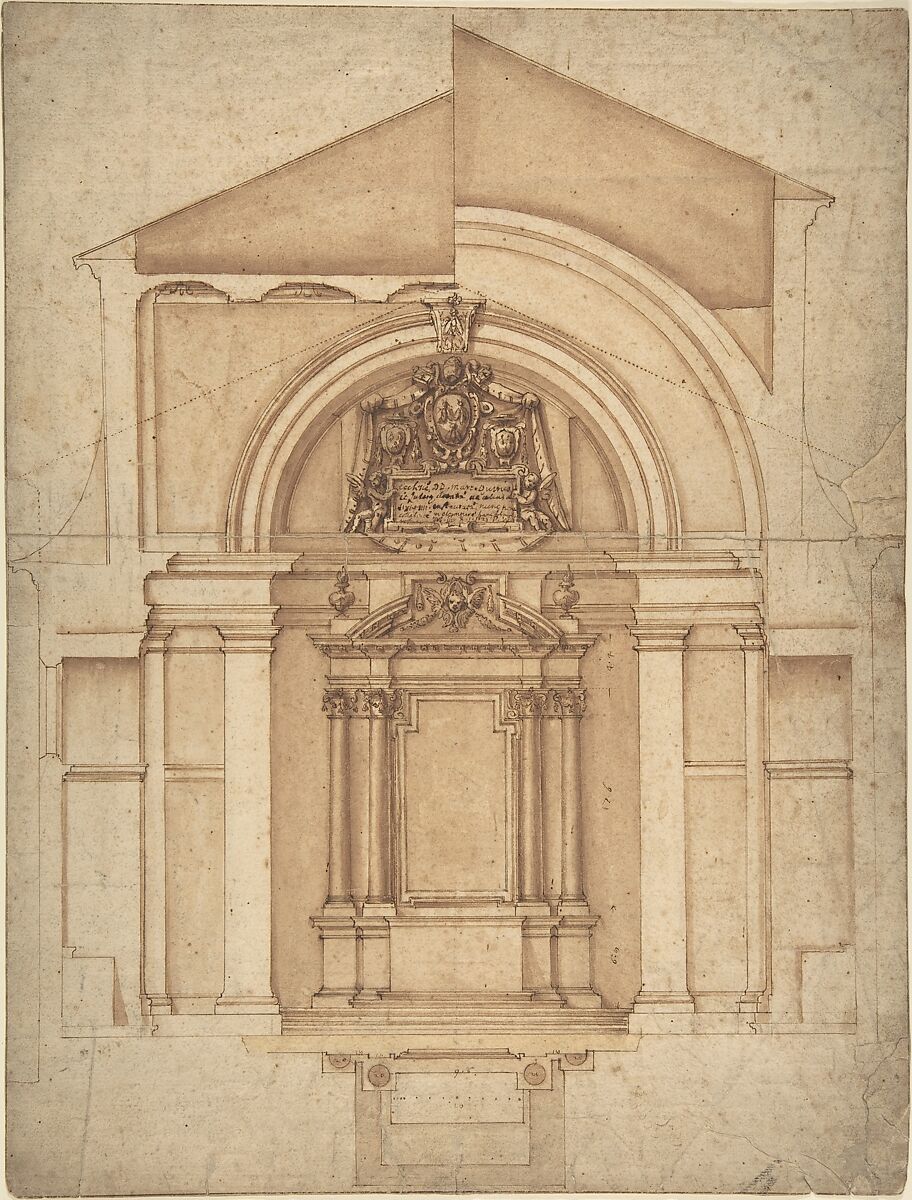 Project for an Altar, Anonymous, Italian, 17th century, Pen and brown ink, brush and brown wash, over graphite underdrawing and ruled construction 