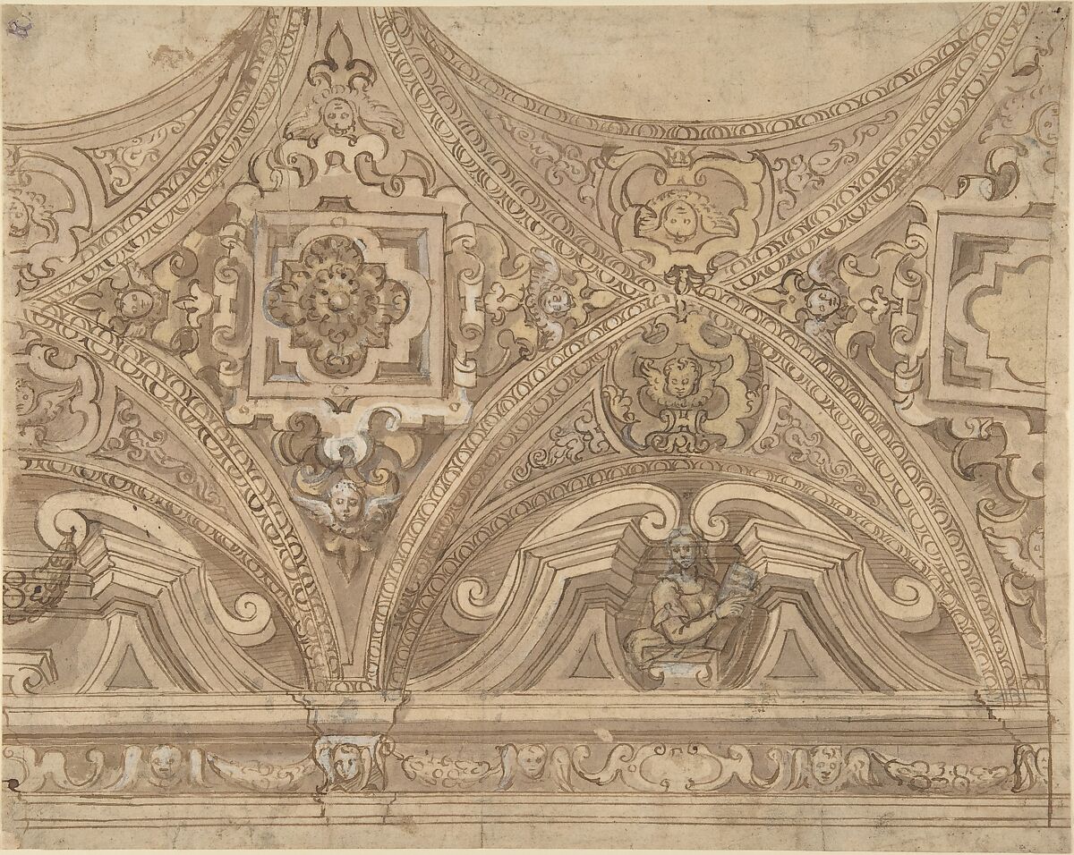 Design for part of a Vaulted Ceiling of a Church, Anonymous, Italian, 17th century, Pen and brown ink, brush and brown wash, highlighted with white gouache 