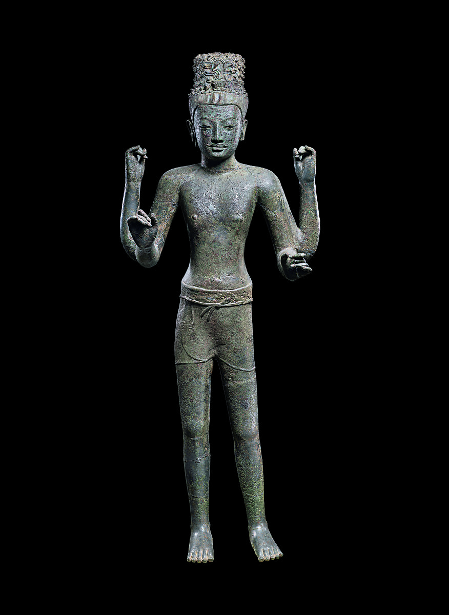 Bodhisattva Avalokiteshvara, Copper alloy inlaid with silver and glass or obsidian, Northeastern Thailand 