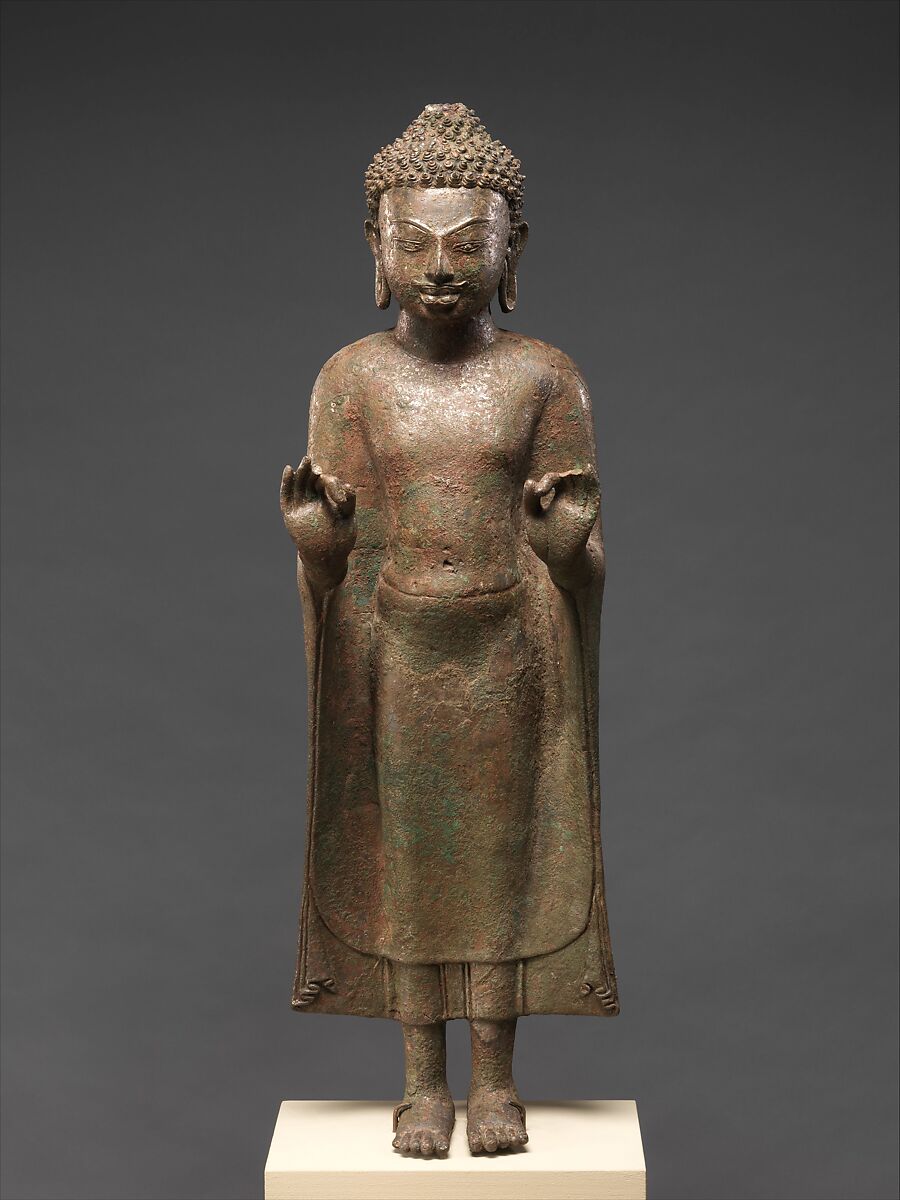 Buddha Preaching, Copper alloy inlaid with silver and glass or obsidian, Plai Bat II Temple, Lahan Sai District, Buriram Province, Thailand