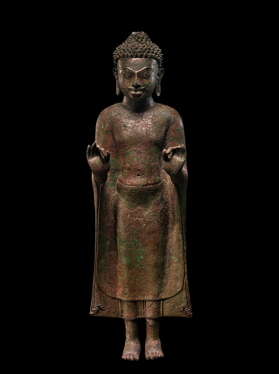 Buddha Preaching, Copper alloy inlaid with silver and glass or obsidian, Northeastern Thailand 