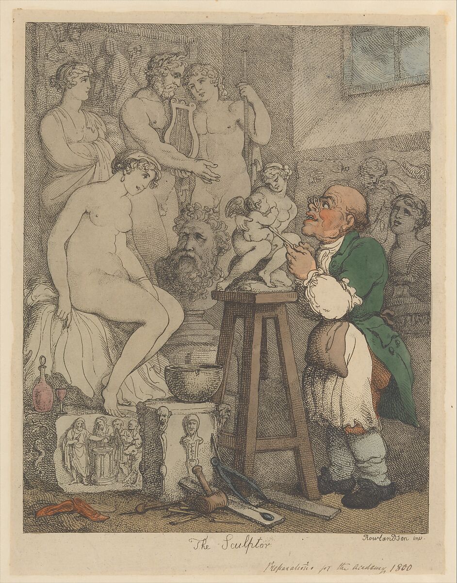 The Sculptor [Preparations for the Academy, Old Joseph Nollekens and his Venus], Thomas Rowlandson (British, London 1757–1827 London), Hand-colored etching 