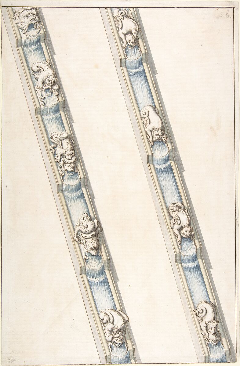 Design for Water Channels with Fantastic Animals Covering Small Sections, Anonymous, Italian, 17th century, Pen and brown ink and colored washes 
