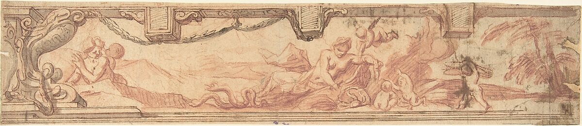 Design for a Frieze with a Coat of Arms with a Serpent and a Landscape Scene with Women and Children, Anonymous, Italian, 18th century, Pen and ink and red chalk (partially pricked for transfer) 