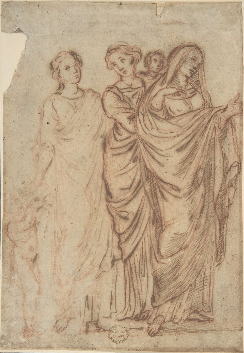 Group of Women, Anonymous, Italian, 17th or 18th century, Pen and bistre, over red chalk 