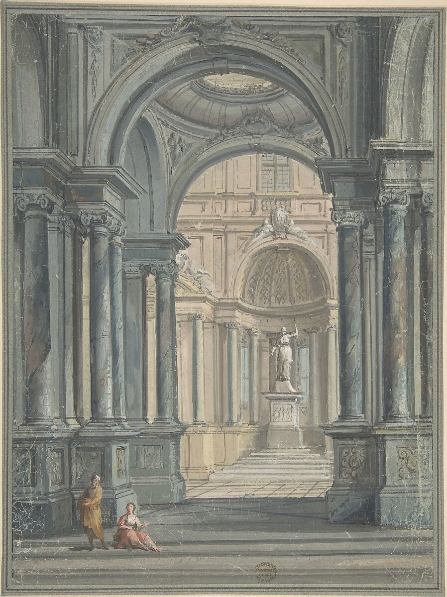 Interior of Temple, Design for Stage Scene, Anonymous, Italian, 18th century, Brush and gouache. 