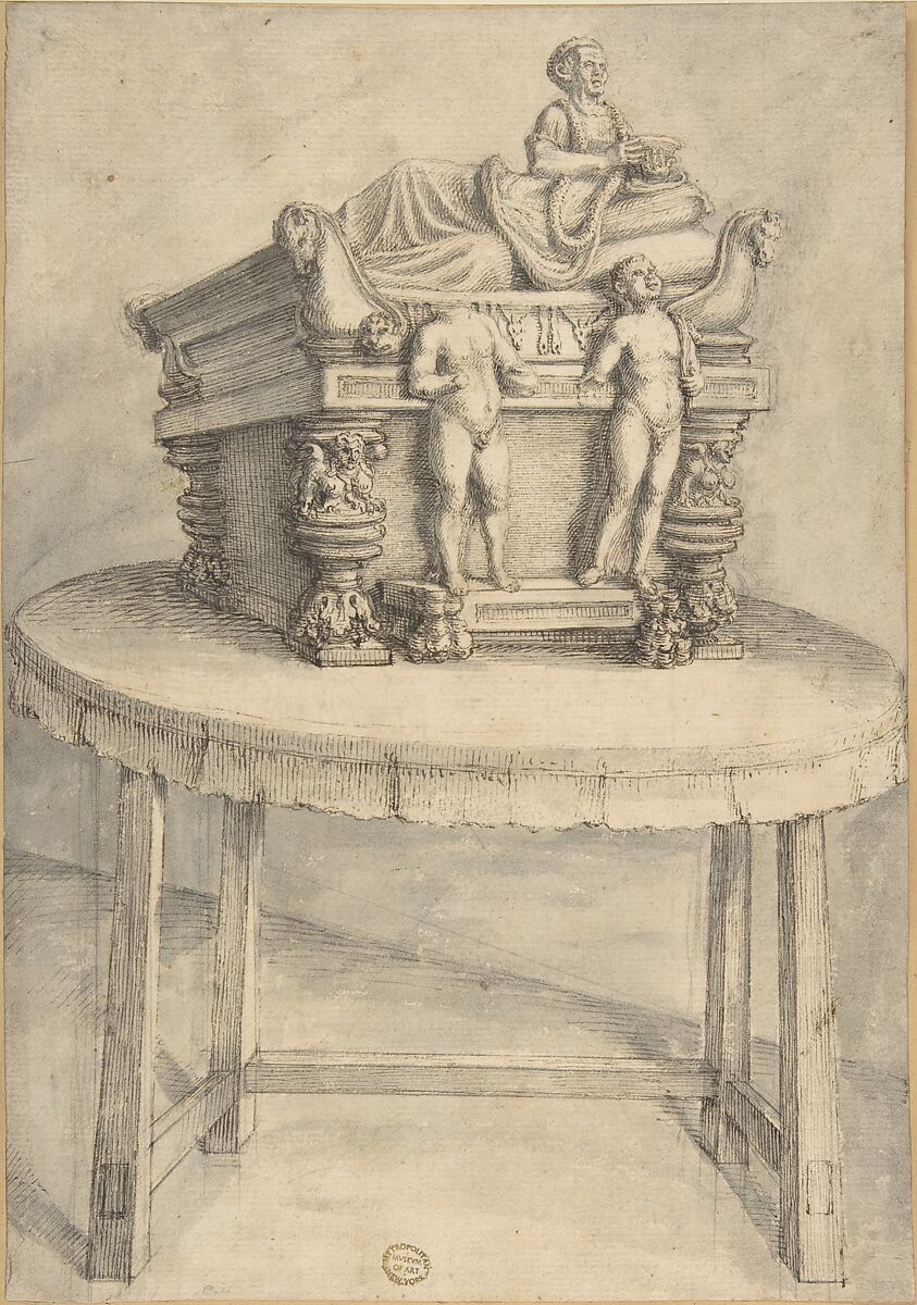 Sarcophagus on a table, Anonymous, Italian, 18th century, Pen and bistre, washed with India ink 