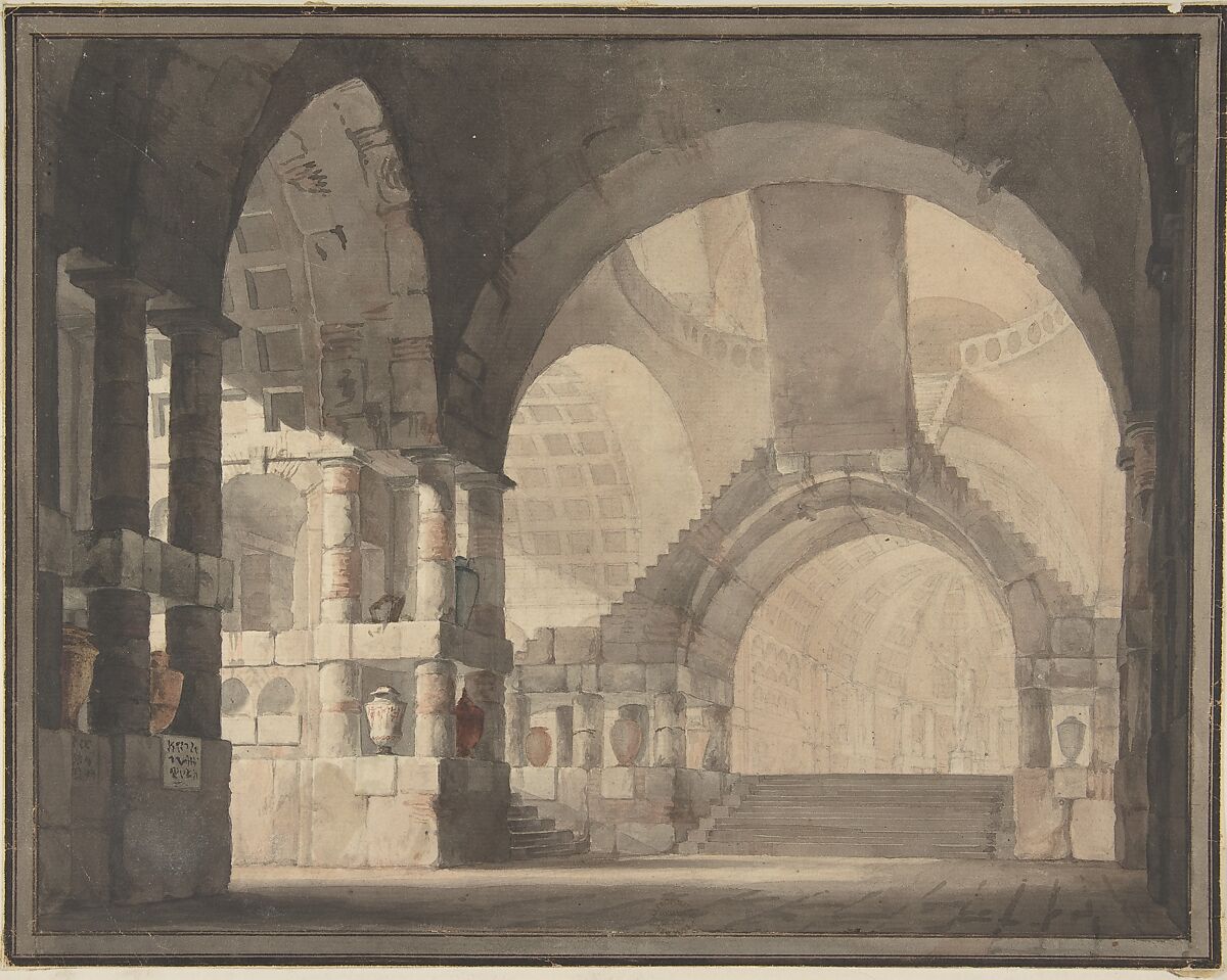 Archways, Design for Stage, Anonymous, Italian, 18th century, Sepia and India ink wash with red. 