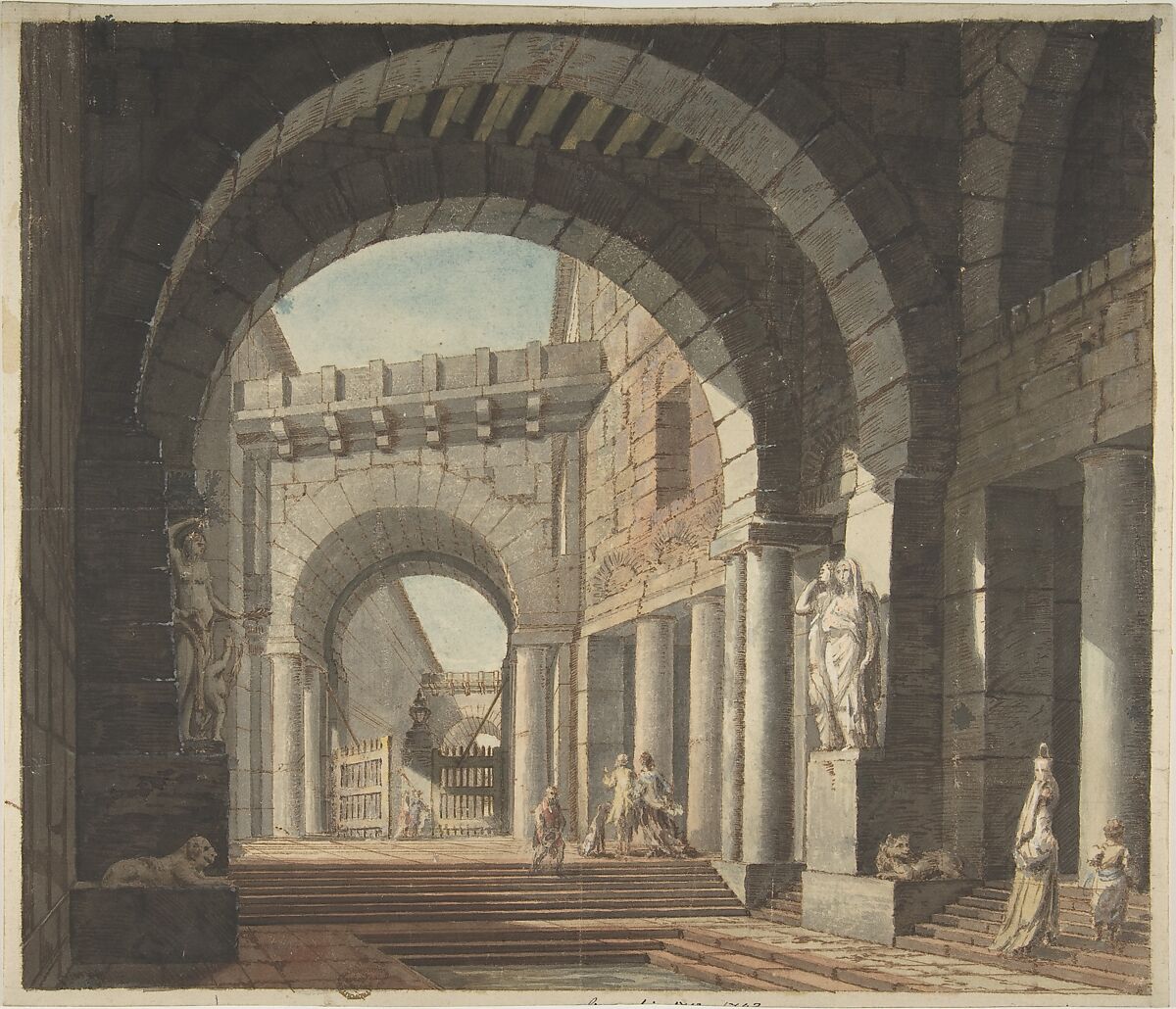 Courtyard, Anonymous, Italian, 18th century, Watercolor over pen and bistre foundation 