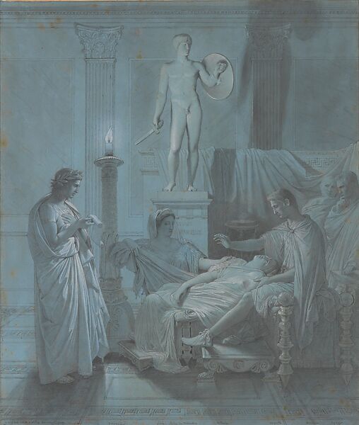 Virgil Reading the Aeneid to Augustus, Livia, and Octavia, Jean Auguste Dominique Ingres (French, Montauban 1780–1867 Paris), Pen and black ink, graphite, gray watercolor washes, white gouache heightening, Conté crayon on blue paper 