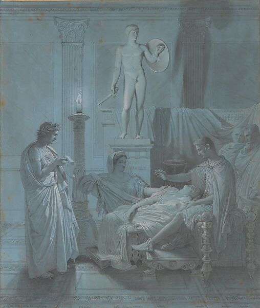 Virgil Reading the Aeneid to Augustus, Livia, and Octavia, Jean Auguste Dominique Ingres (French, Montauban 1780–1867 Paris), Pen and black ink, graphite, brush and gray wash, white gouache heightening, Conté crayon on blue paper 