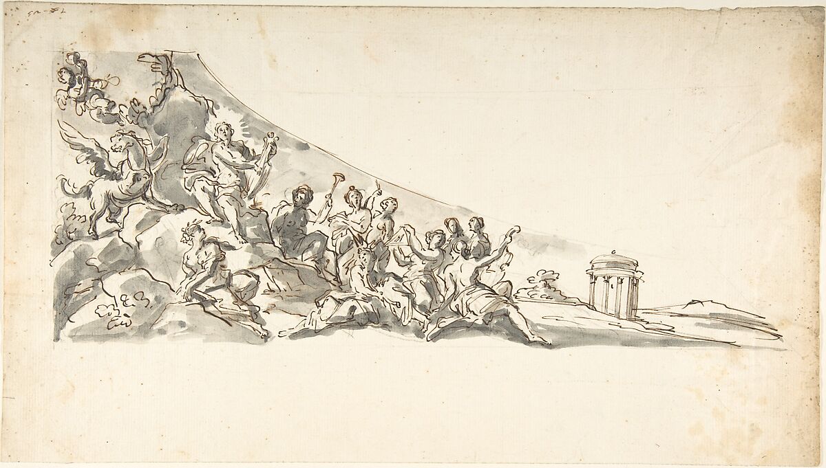 Drawing for a Harpsichord Top, Anonymous, Italian, 18th century, Pen and brown ink, brush and gray wash, over graphite 
