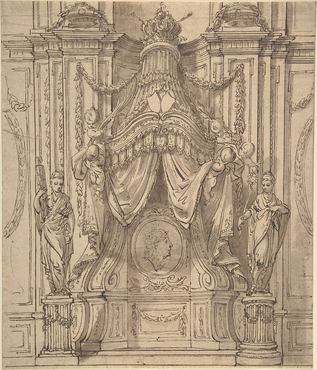 Drawing for a Palace Decoration, Anonymous, Italian, 18th century, Pen and brown ink, brush and brown wash 