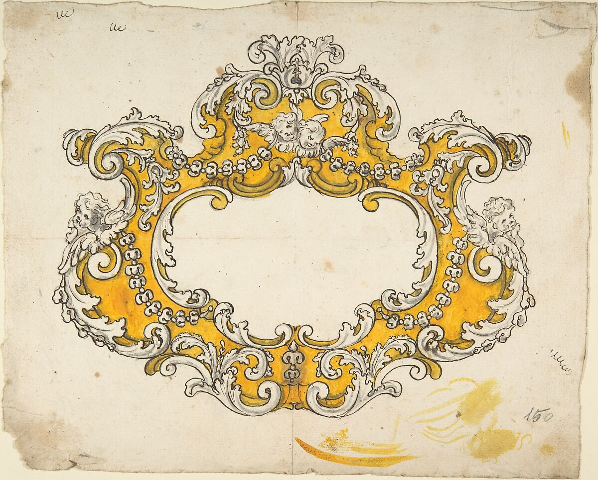 Rococo Cartouche with Cherubs, Anonymous, Italian, Bolognese 18th century artist, Ink and yellow 