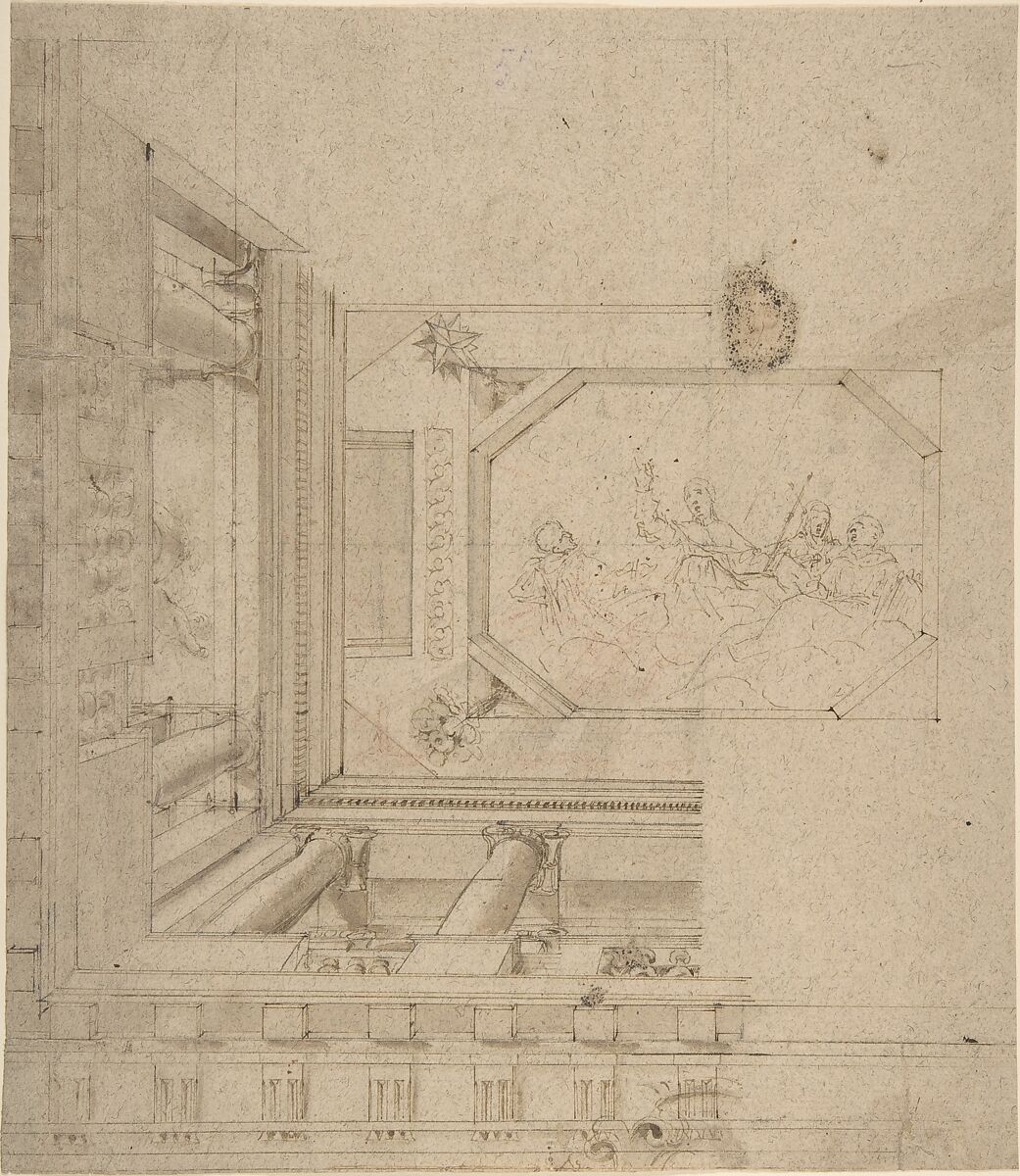 Architectural Elevation, Part of a Ceiling and Balustrade, Anonymous, Italian, 17th or 18th century, Pen and brown ink and wash 
