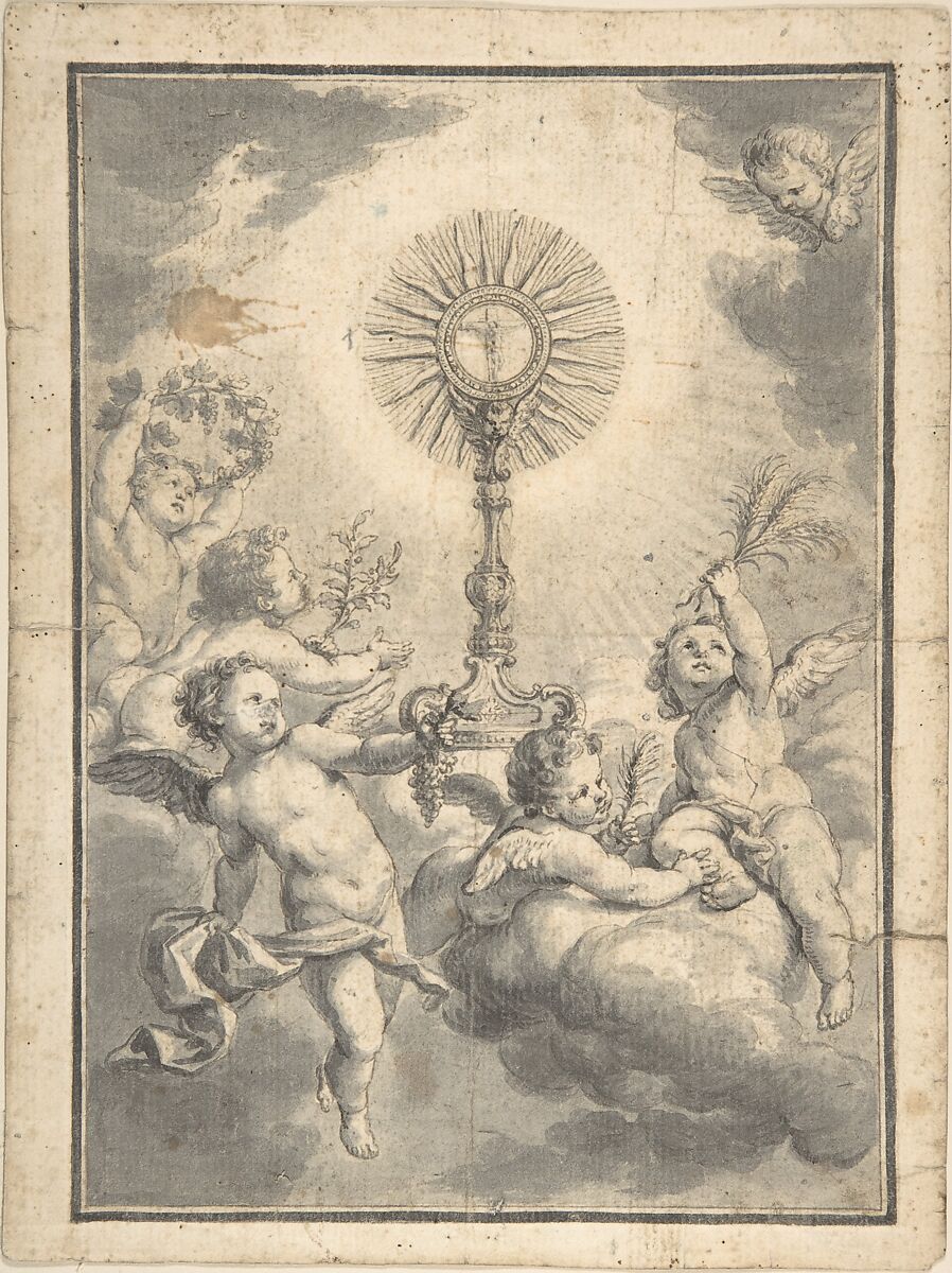 Monstrance Surrounded by Cherubs, Anonymous, Italian, 17th or 18th century, Ink and grisaille 