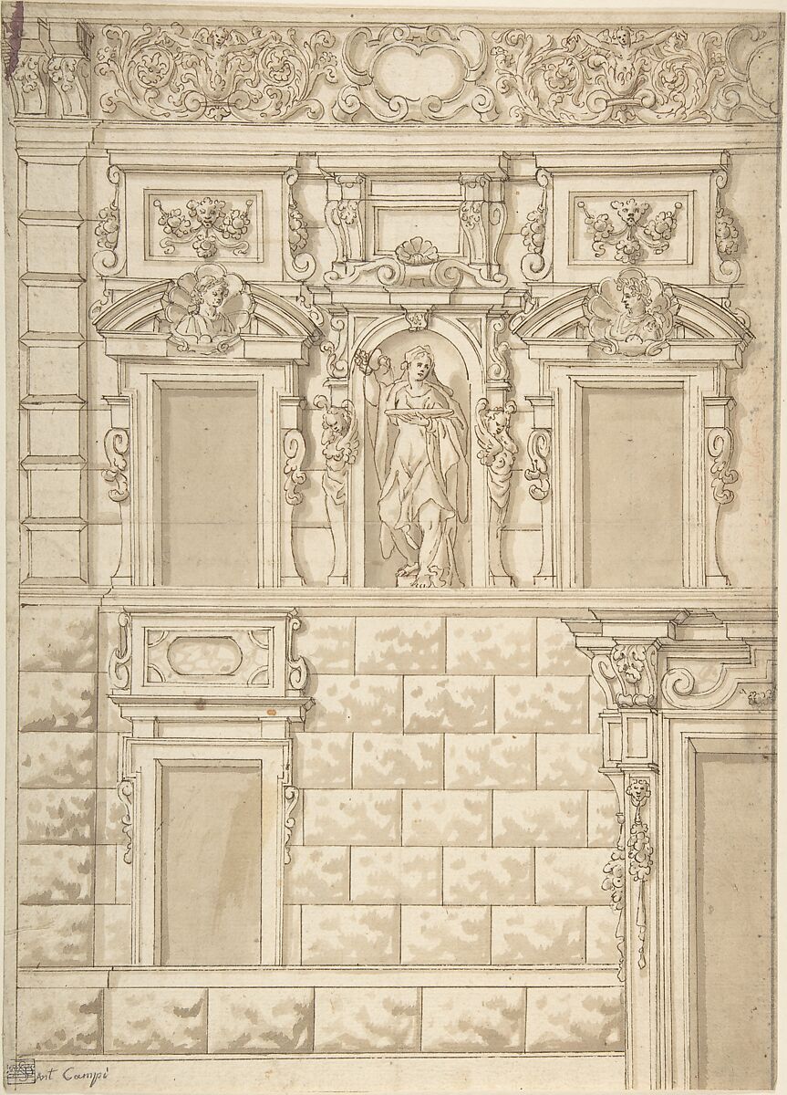 Design for a Façade, Anonymous, Italian, 18th century, Pen and brown ink, brush and brown wash 