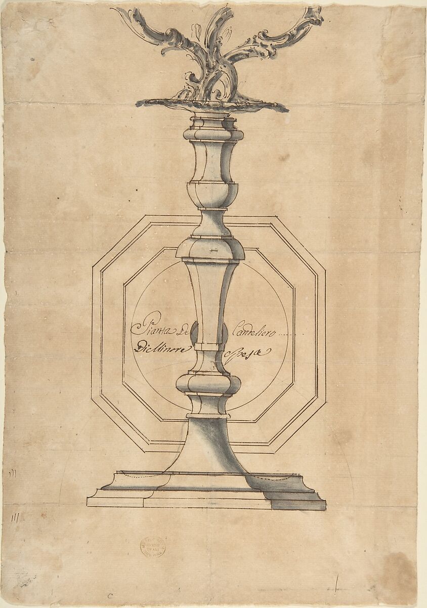 Candlestick with Three Branches, Anonymous, Italian, 18th century, Pen and brown ink, brush and gray wash 