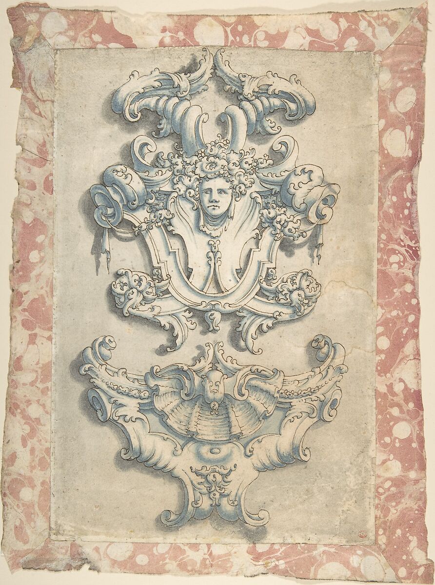 Sculptural Ornament, Anonymous, Italian, 18th century, Pen and ink, brush and gray and blue wash 