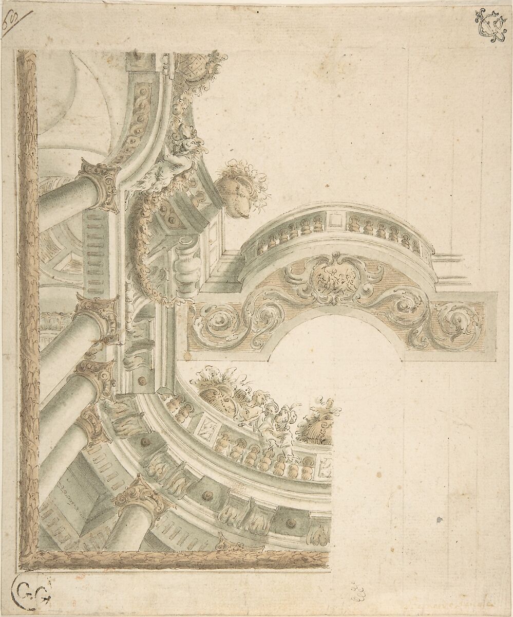 Design of Ceiling and Balustrade, Anonymous, Italian, 18th century, Pen and brown ink, brush and green and brown wash 